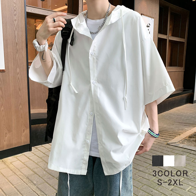 パーカー 半袖 フード付き カジュアルシャツ シャツ メンズ 帽子付き ドロップショルダ サマーパーカー..