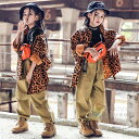 パンツ 長袖 キッズダンス衣装 子供服 ヒップホップ チアガール セットアップ 女の子 黒トップス HIPHOP シャツ 豹柄 ヒョウ柄