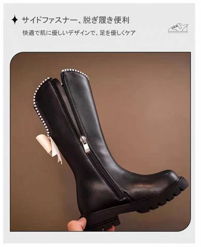 ロングブーツ 厚底 ブーツ 女の子 編み上げ 袴ブーツ 定番 小学生 キッズ 防水 卒 ロング 暖かい リボン飾り 裏ボア フォーマル