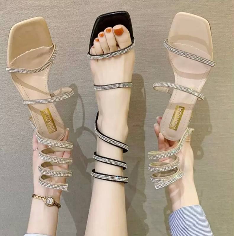 シューズ サンダル レディース スパンコール 高見え ヒール 6cm ストラップ ベルト きれいめ カジュア..