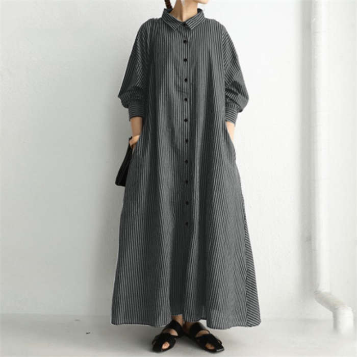 天神橋セレクトのシャツワンピース 長袖 秋 春 大きいサイズ ロング丈 シャツ ワンピース レディース ストライプ柄 秋 夏 ワンピース 羽織り ロング丈シャツ レディース 体型カバー 着痩せ シンプル カジュアル ゆったり ゆるっと 2way｜アングル2