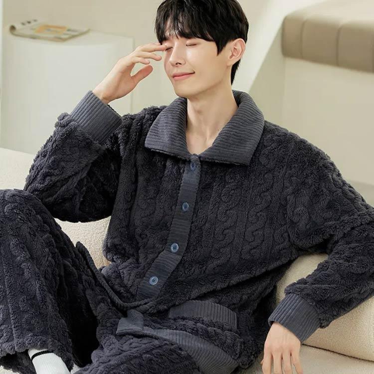 あた 上下セット メンズ ルームウェア 部屋着 前開き もこもこ パジャマ 防寒 ボアフリース ふわふわ 厚手 冬 ボタン 保温 リブ