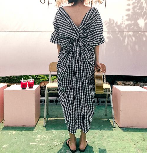 バックツイスト ボリューム袖 Vネックワンピース ロングワンピース a1466 ギンガムチェック