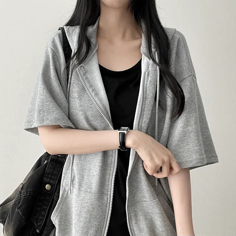 半袖 夏用 薄手 ジップアップ トッ 夏用 半袖パーカー オーバーサイズ 羽織もの 薄手 レディース パーカー ジップアップパーカー