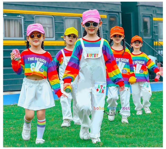 女の子 ストライプ柄 オーバーオール 舞台 スウェットパンツ Tシャツ キッズ スカート 演出服 ダンス衣装 長袖 男の子 団体服