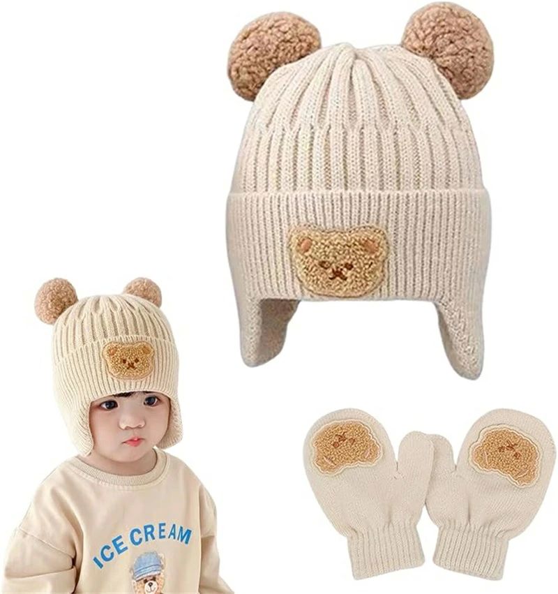 グローブ ニットキャップ クマ 子供用 ニット帽 手袋 キッズ 赤ち 帽子 耳保護付き 可愛い ベビー ミトン手袋 ベビー 2点セット
