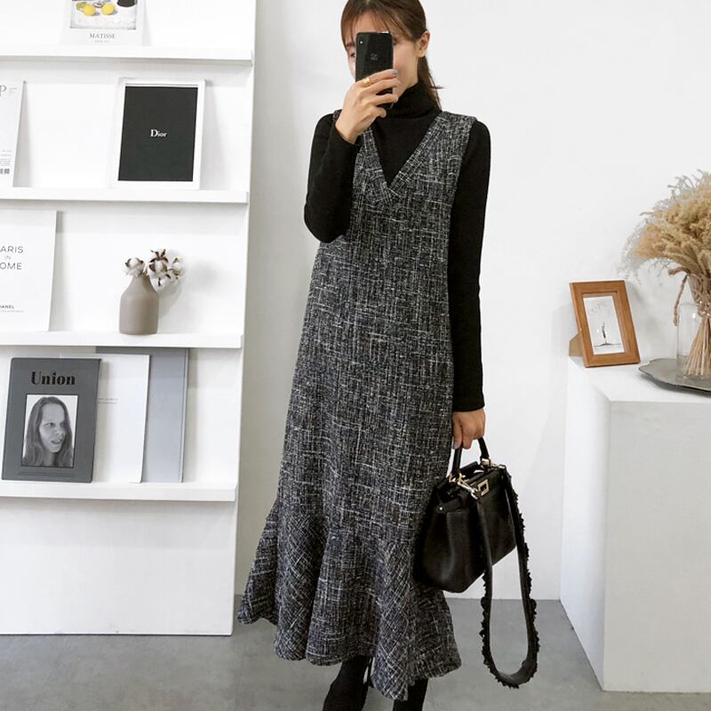天神橋セレクトのレディース ジャンスカ ジャンパースカート マキシ丈 Vネック ツイード マーメイド 袖なし ノースリーブ Iライン フリル ハイウエスト 華奢見え エレガント ガーリー 大人カジュアル 上品 きれいめ グレー お洒落 春 秋冬 秋 冬 ママ ママコーデ 20代 30代 40代 デート｜アングル3