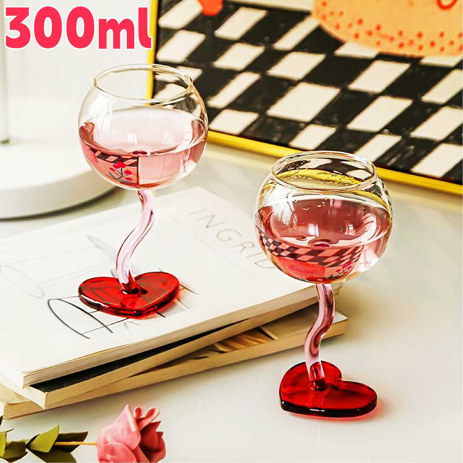 透明 ペアワイングラス 手吹き 強化グラス 赤?白対応 おしゃれ かわいい ハート茎 ハート型 300ml ワイングラス ハート 手作り