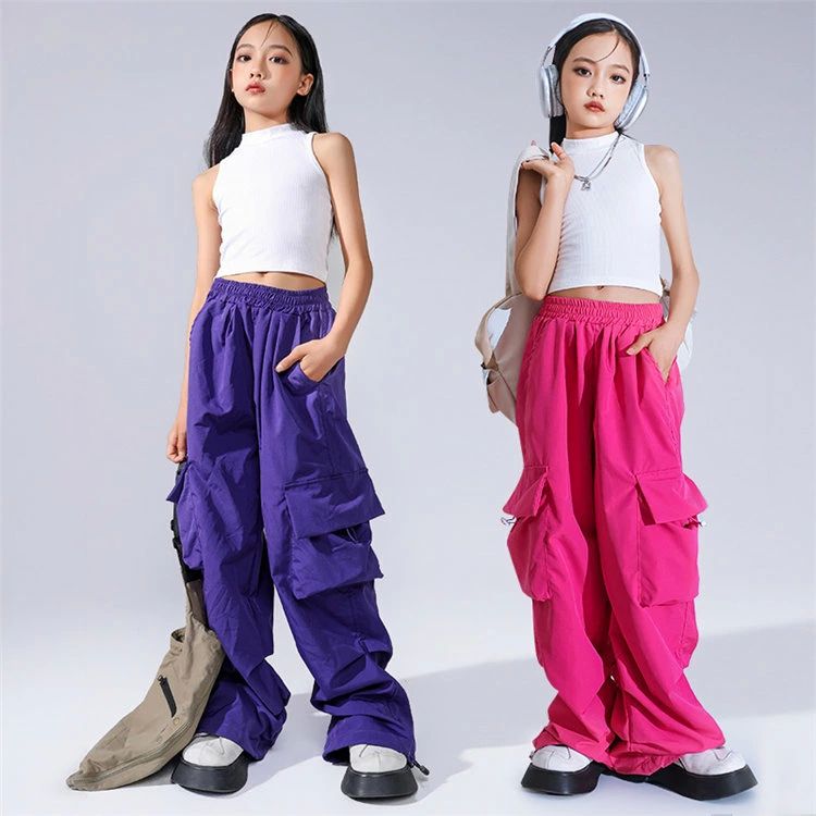 カーゴパ ガールズ ヒップホップ セットアップ 白トップス タンクトップ ダンス衣装 キッズ へそ出し 袖無し 女の子 衣装 ダンス