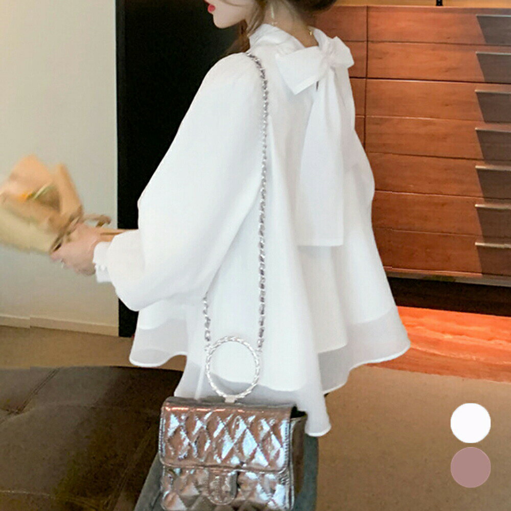 Other - トップス フェミニン リボン ピンク ゆったり ホワイト レディース 無地 大きいサイズ ふんわり シフォン バックリボン ブラウス