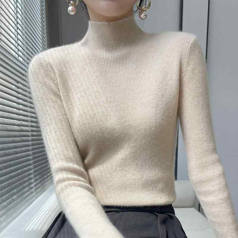 樂天商城 - 普段 スリムフィット 伸縮性 ハーフタートルネック レディース トップス 長袖 細見え 秋冬 ニットセーター 暖か ブラック ウール
