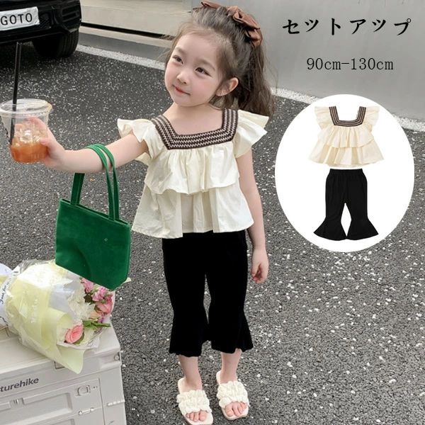 Suits, Tuxedos （Boys） - 夏服 上下セット 2点セット 130 七分 120 幼児 110 飛袖 フリル袖 90 セットアップ 女の子 キッズ 100 韓国子供服 フレアパンツ
