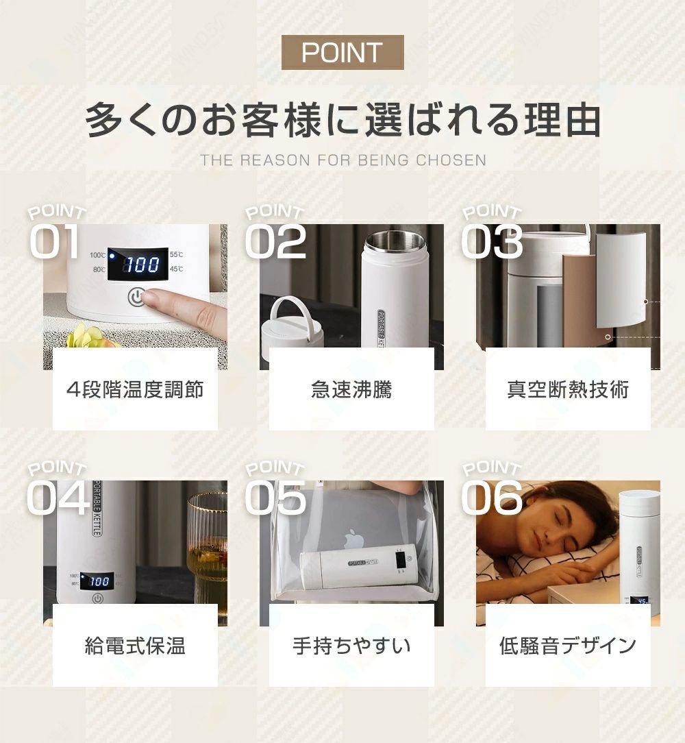 4段温度調節 おしゃれ 温度表示 ポータブルケトル コンパクト 電気ケトル お湯 注ぎ口付き 電気水筒 500ml ポータブル電気ケトル