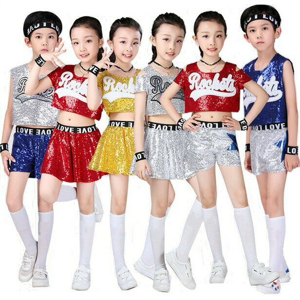 Top & Bottom Sets - レッド ブルー シルバー 子供服 ダンス キッズ ダンス衣装 スパンコール チア チアリーダー衣装 きらきら チア ヒップホップ 上