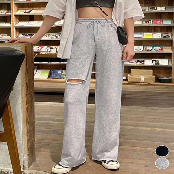 樂天商城 - スエットロングパンツ ウエストゴム ストレートパンツ サマ カジュアル 韓国 穴あき リラックス 着やせ イージーパンツ 送料無料