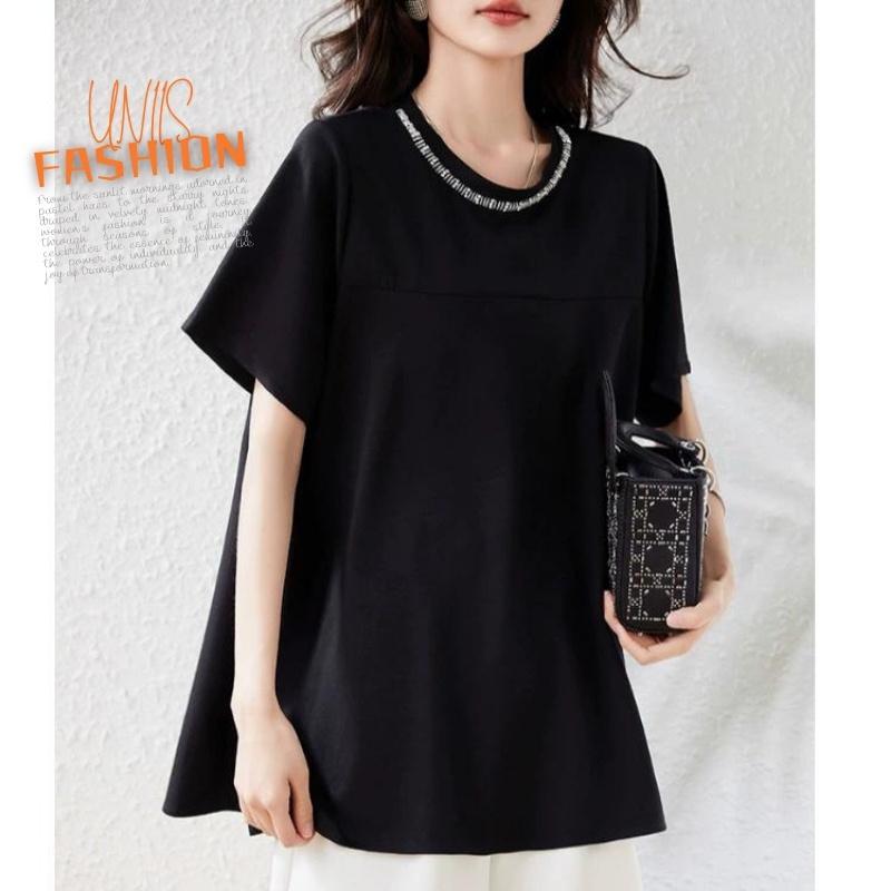 乐天商城 - レディース Tシャツ 半袖 きれいめ 上品 大人可愛い ビジュー ラインストーン キラキラ デコルテ おしゃれ ゆったり 体型カバー 着痩せ 大きいサイズ 韓国風 オフィス カジュアル デート お出かけ 通勤 黒 ブラック L XL XL XL XL