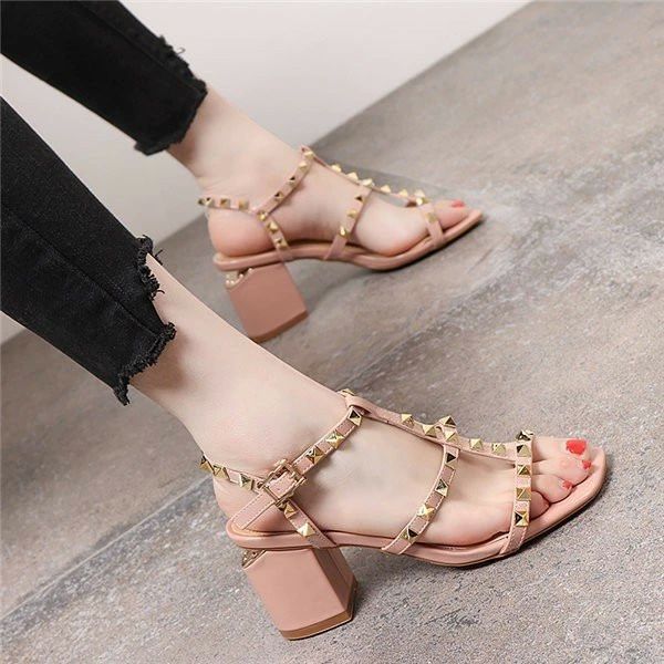 樂天商城 - 送料無料 スタッズ付 痛くない アンクルストラップ レースアップシューズ 太ヒール レディース サンダル パーティー ハイヒール