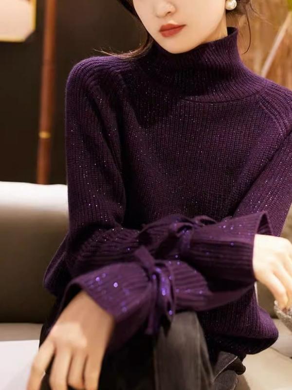 樂天商城 - 上品 ハイネック 紐 光沢 蝶結び ニットセーター 厚手 伸縮性 秋冬 暖か ゆったり インナー トップス 袖口