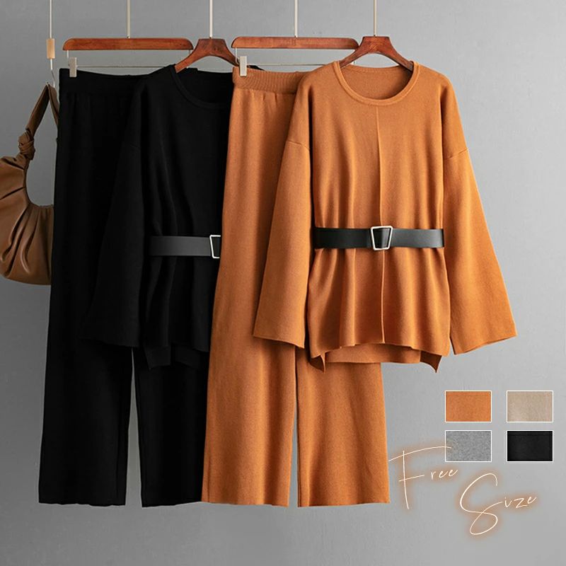 2025秋新作 2点セット ニット セットアップ セーター ワイドパンツ レディース ベルト ハロウィンパーティー 無地 春 秋 冬 トッ