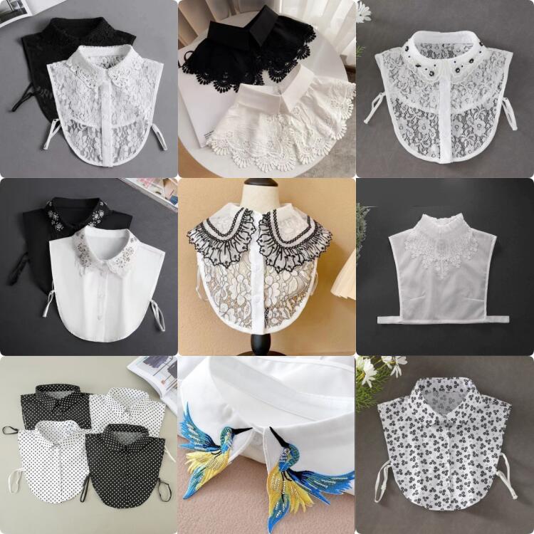 ハ ストライプ レース フリルネック 丸襟 透け感 編み 無地 重ね着 ししゅう レイヤード刺しゅう ブラウス 付け衿 付け襟シャツ