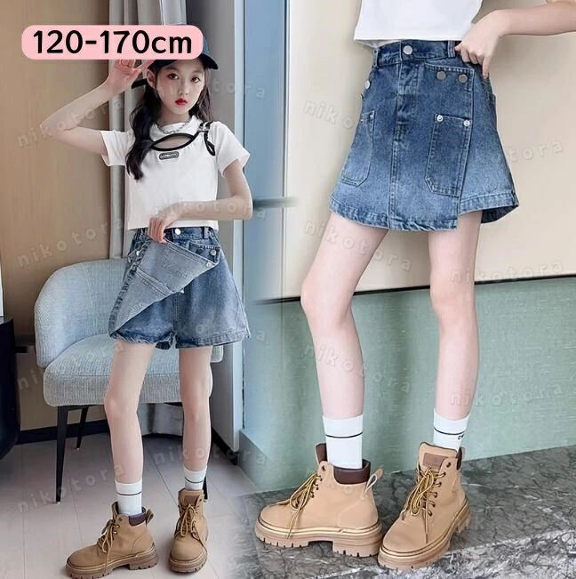 韓国ファッション キッズ 女の子 デニムスカート ショートスカート デニムキュロッ...