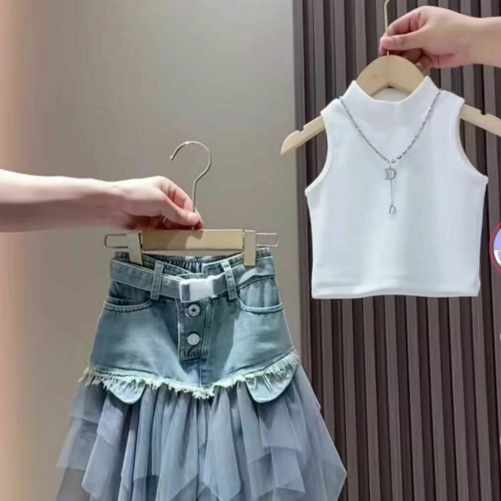 女の子 上下セット 2点セット チュール 切り替え デニムスカート タンクトップ セ...