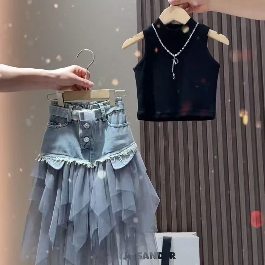 女の子 上下セット 2点セット チュール 切り替え デニムスカート タンクトップ セ...