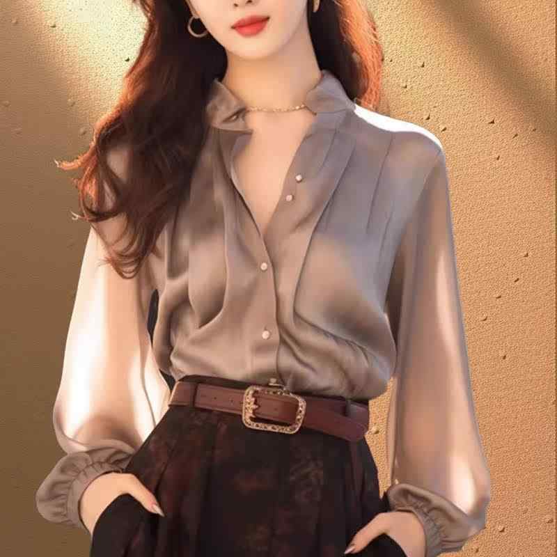シャツ レディース 春夏 長袖 　 絹 トップス 襟付き ブラウス 高級感 桑蚕? きれいめ 上品 婦人服 ゆったり 大きいサイズ 体型カバー 着痩せ 細見え お腹周り 二の腕カバー 大人 通勤 オフィス カジュアル フェミニン シフォン フォーマル