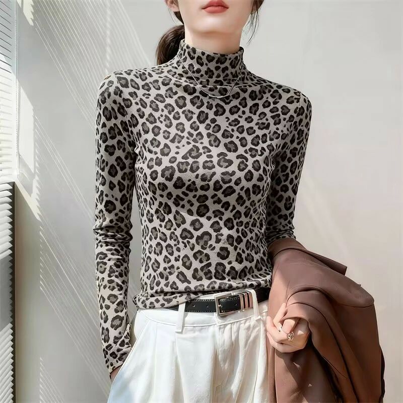 長袖 ファッショ 普段着 大人気 Tシャツ トップス 豹柄 カジュアル タートルネック 着痩せ 細身 レディース インナー カットソー