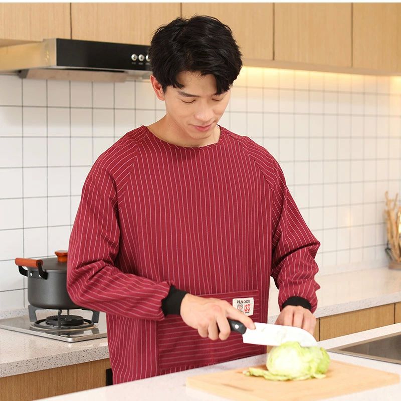 かっぽう着 袖付き メンズ レディース 料理教室 ストライプ柄 大きいサイズ 北欧 おしゃれ 保育士 長袖 エプロン 割烹着 メンズ