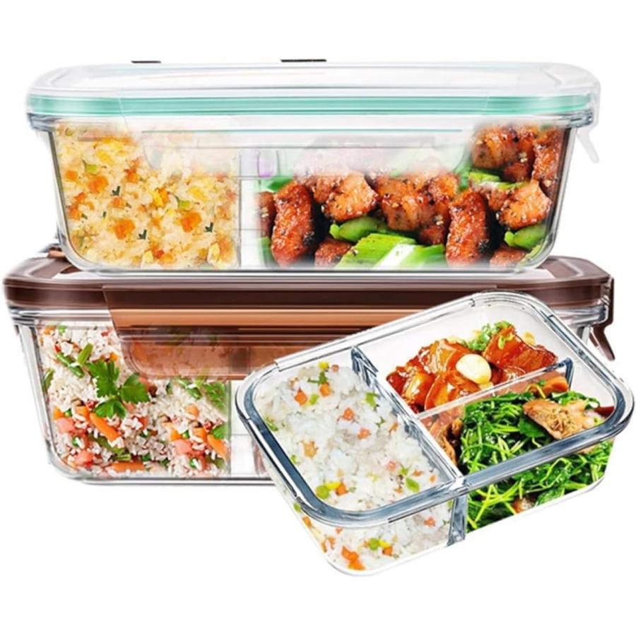 樂天商城 - ガラス 弁当箱 耐熱ガラス お弁当箱 、3つの区画 1040ML 保存容器 4点ロック ランチボックス ふわっと盛れる 洗いやすい 携帯便利 電子レンジ対応 子供 会社員