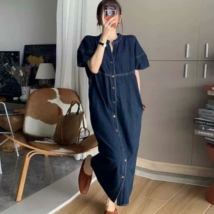 キ ランタンスリーブ マキシワンピース シャツワンピース 体型カバー Vネック ロングワンピース レディース ワンピース 送料無料