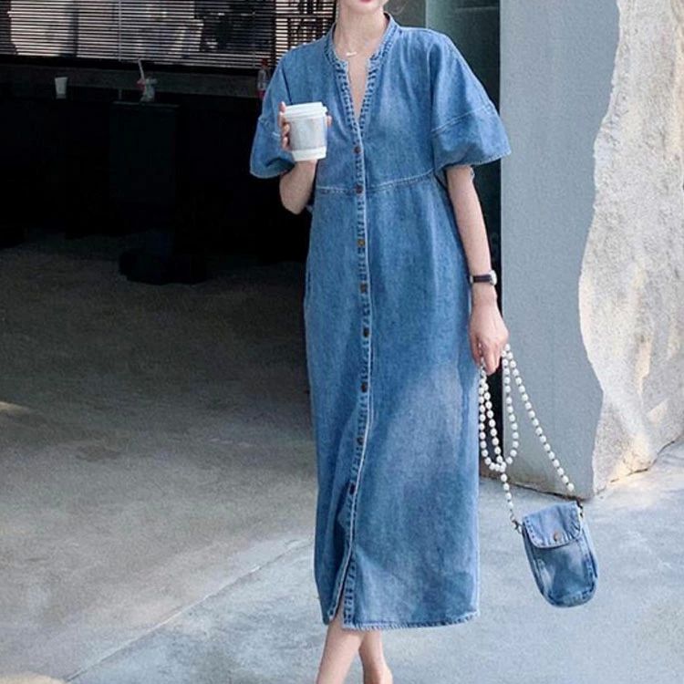 キ ランタンスリーブ マキシワンピース シャツワンピース 体型カバー Vネック ロングワンピース レディース ワンピース 送料無料