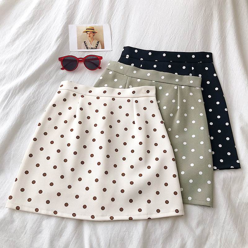 スカート ドット柄 水玉 レディース 台形 個性的 春 夏 秋 ひざ上 セミフレア ファスナー ブラック 黒 ホワイト 白 緑 グリーン
