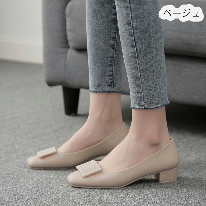 超軽量 防水 脱げない パンプス 雨対策 梅雨 晴雨兼用 おしゃれ レインシューズ シューズ 美脚 スクエアバックルゼリーシューズ