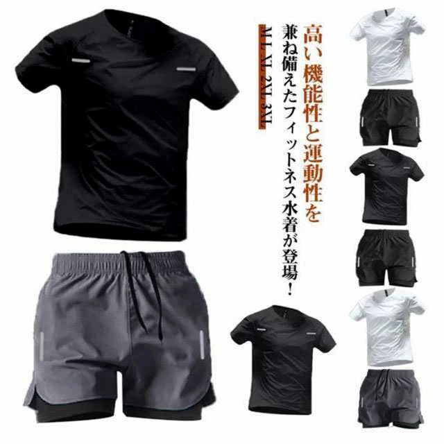 サーフパンツ メンズ 水陸両用 上下セット 2点セット フィットネス スポーツウェア 半袖 水着 UVカッ 体型カバー ラッシュガード