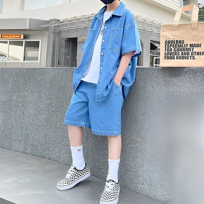 樂天商城 - パンツスーツ 春夏 セットアップ ストリート 男の子 点セット 韓国 ヒップホップ シャツ デニム ダンス 子 小学生 通学 パンツ