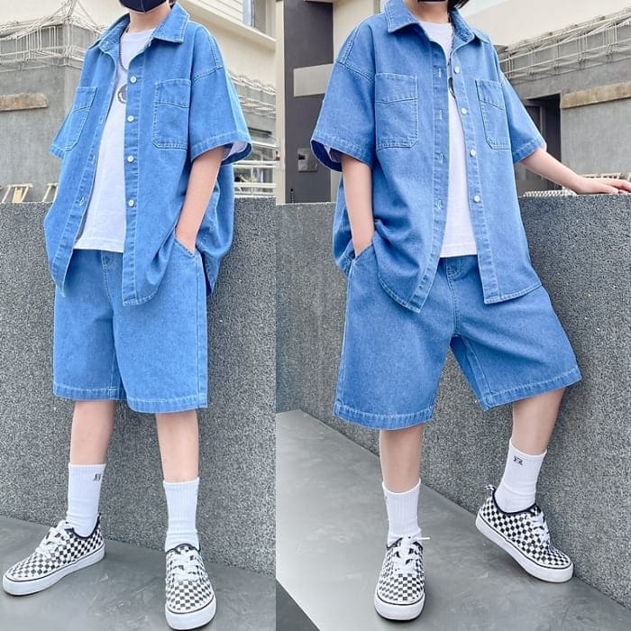パンツスーツ 春夏 セットアップ ストリート 男の子 点セット 韓国 ヒップホップ シャツ デニム ダンス 子 小学生 通学 パンツ