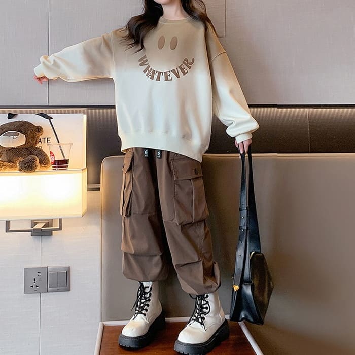 カジュアル 小学生 ダンス 点セット 通学 カーゴパンツ 春秋 キッズ セットアップ 長袖 ガーリー ツーピース トレーナー ロゴ