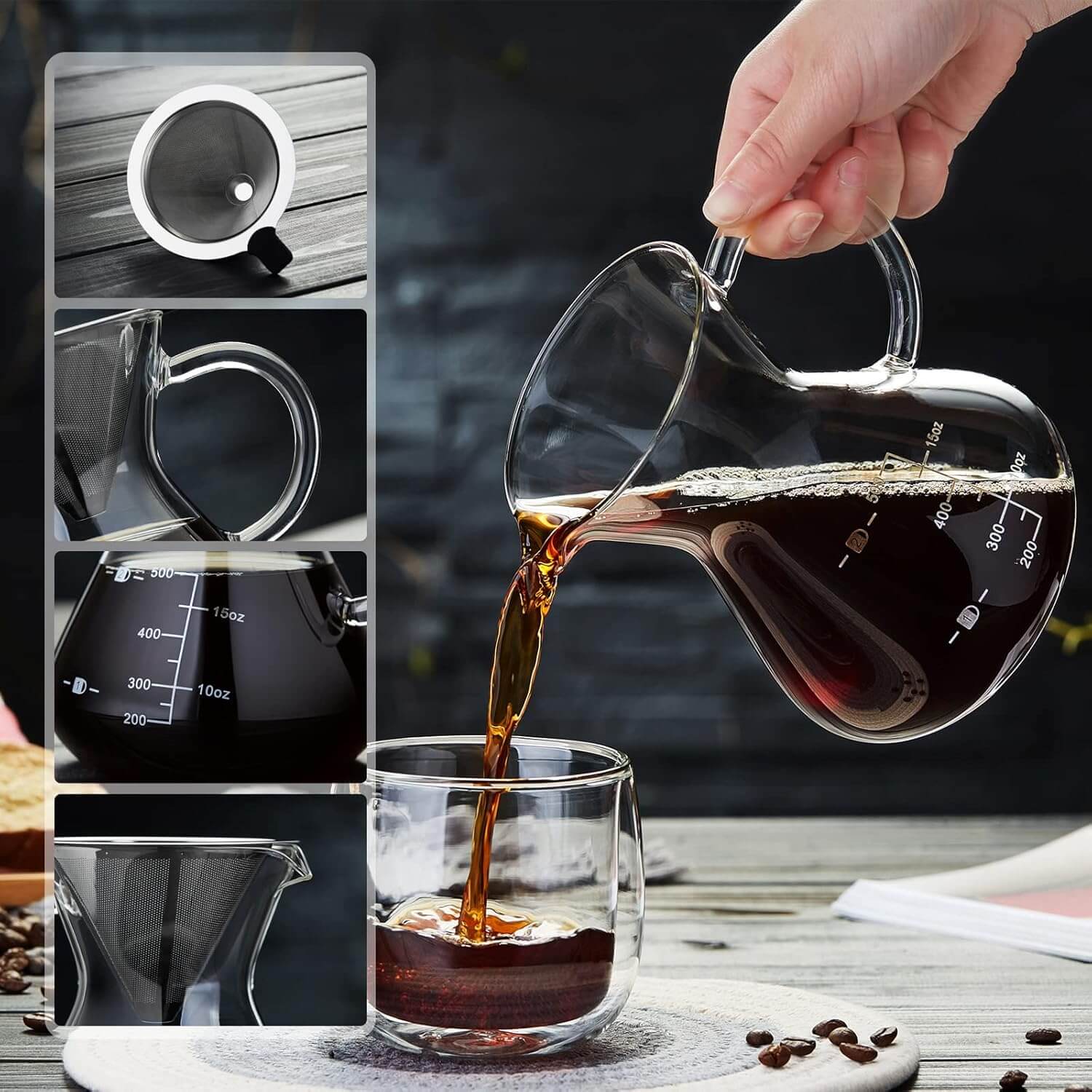 コーヒーメーカ ハンドドリップ 500ml ドリッパーセット 耐熱ガラス コーヒーポッ...