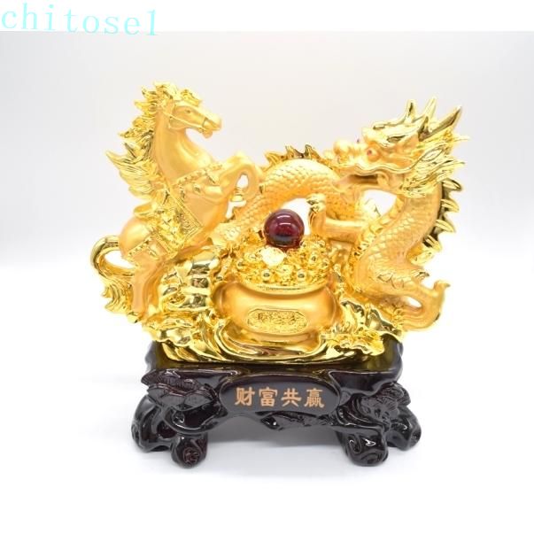 龍 馬 金色 聚宝盆 樹脂製置物 風水インテリア 台座付き うまくいく 成功 30cm