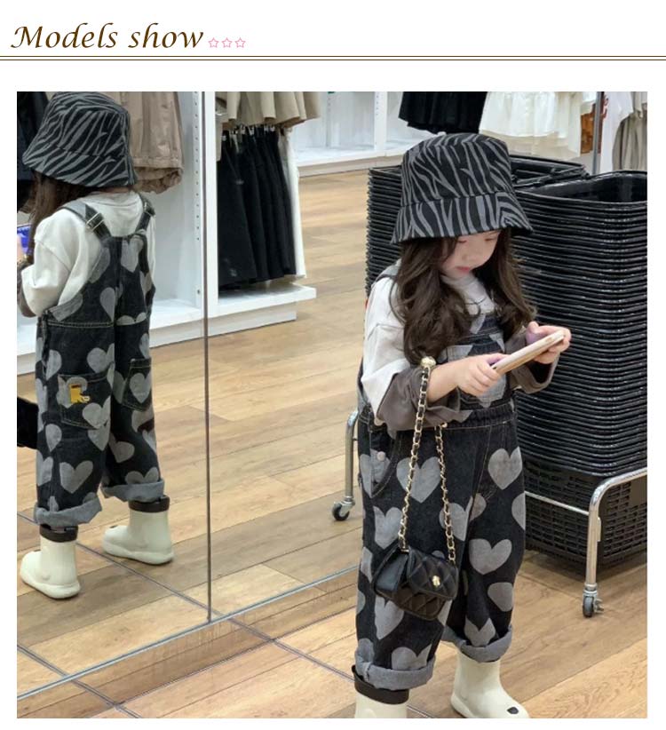 キッズ オーバーオール ハート柄 女の子 長ズボン 男の子 ジュニア デニム オール...