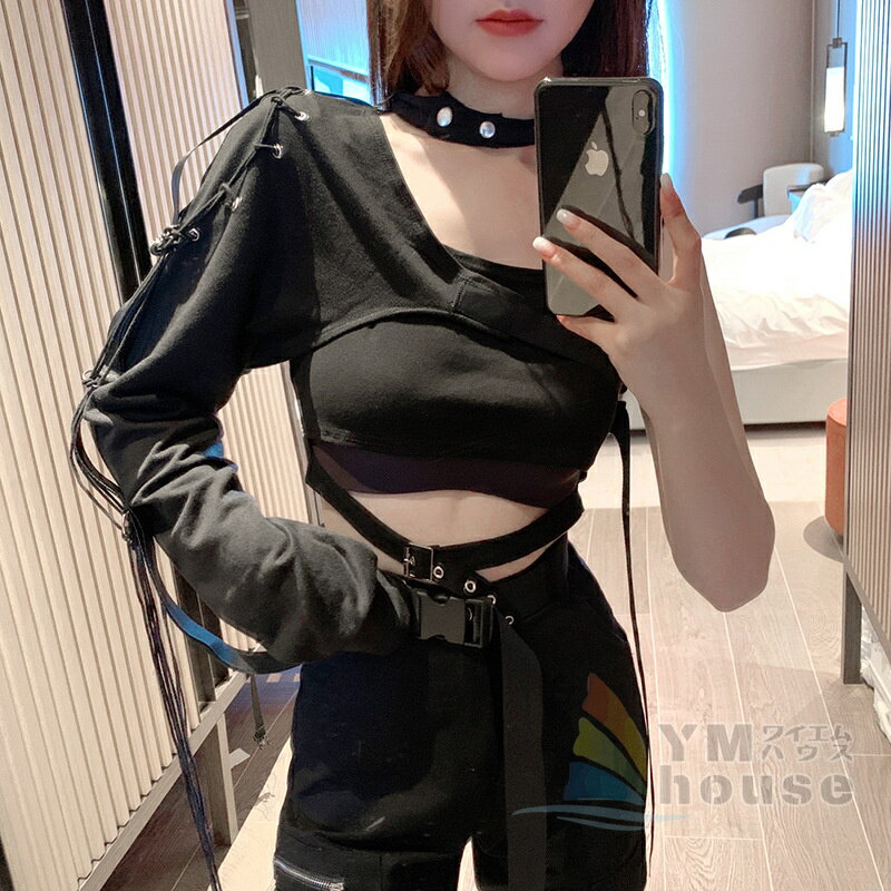 樂天商城 - ダンス衣装 ワンショルダー レディース トップス アームウォーマー 片腕 スリーブ 衣装 ダンス カーゴパンツ イベント HIPHOP ヒップホップ 長袖 韓国ファッション かっこいい おしゃれ セクシー 黒 ブラック セットアップ