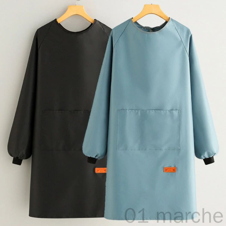 2枚セット 割烹着 おしゃれ エプロン 袖付き かっぽう着 メンズ レディース 長袖 ロング 胸当て リブ袖 防水 防油 ゆったり 大きいサイズ 無地 飲食店 店舗 カフェ 花屋 料理教室 居酒屋 保育士 作業 キッチン用 便利で快適な作業着