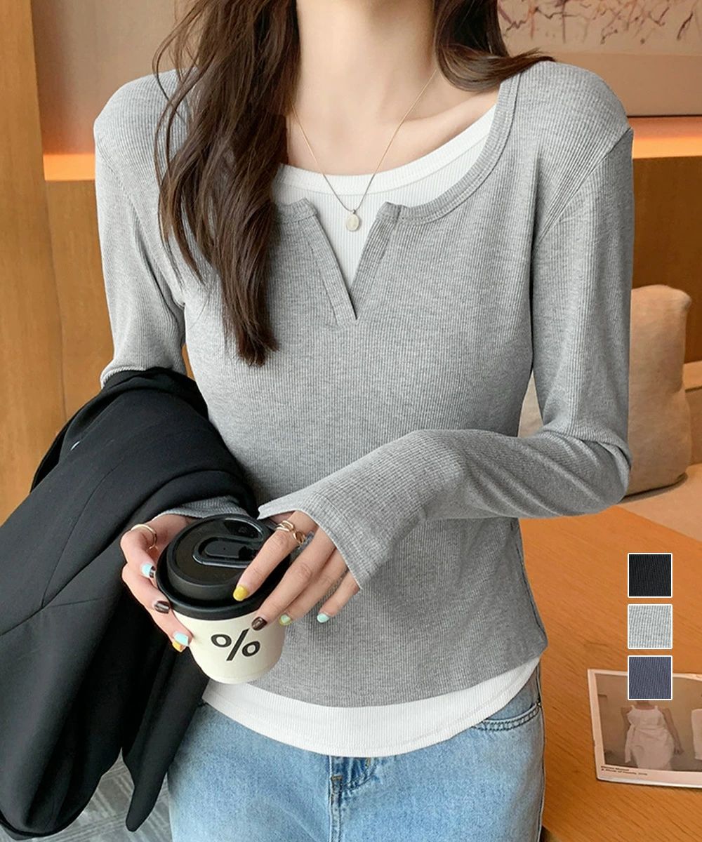 Rakuten - レイヤード風 Tシャツ スリットネック 秋 レディース トップス 重ね着風 カットソー 大人カジュアル 細見え Tシャツ シンプル ストレッチフィット インナートップス おしゃれ 着やせ 黒 長袖 タイトtシャツ 細身 無地 ブラック グレー ダークグレー