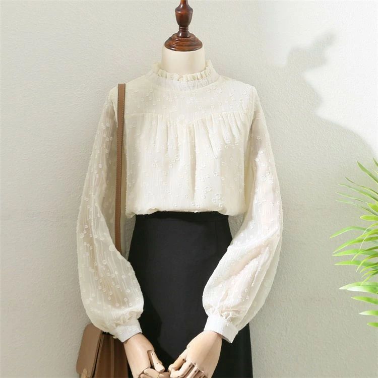 Rakuten - ブラウス レディース 秋 秋服 シャツブラウス プルオーバー 長袖 フリル ゆったり ドット フリル襟 大きいサイズ M L 立ち襟レースブラウス スタンドカラー LL