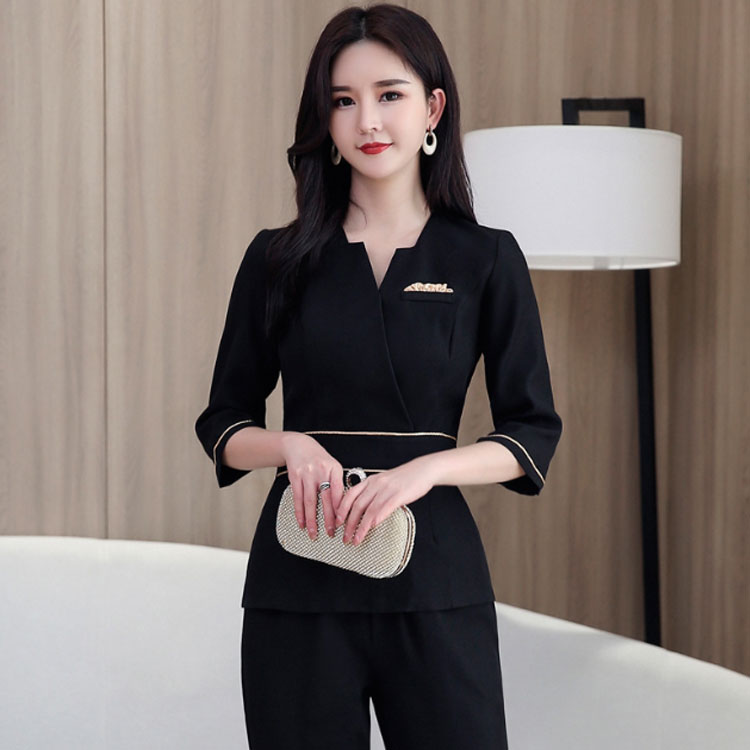 天神橋セレクトのエステ ユニフォーム 上下セット レディース 七分袖 サロン通勤 制服 おしゃれ 女性 ジャケット ネイル 美容 歯科衛生士 上品 エレガント きれいめ ウェストシャープ Vネック エステティック クリニック パンツスーツ サロン 制服 spa 送料無料｜アングル3