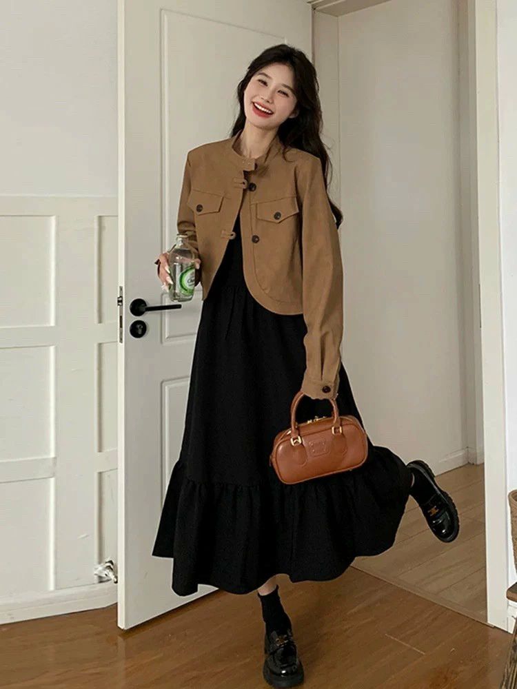 切り Aライン 襟付き 長袖 ショート ロングスカート ドレス セットアップ ワンピース ボトムス ジャケット トップス レディース