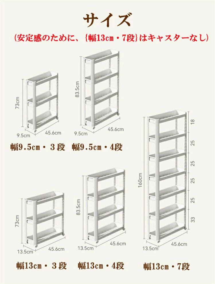 スリム おしゃれ 台所 調味料 隙間収納 幅13cm 冷蔵庫横 キッチンワゴン 隙間ラック ローリングラック 3段・4段・7段 幅9.5cm グレイ 棚 キャスター付き 食品 収納カート ペットボトル 収納 収納ラック 細い棚 スリム 洗面所 小物 tenjinbashiselect-10150581 天神橋セレクト サンプル画像3