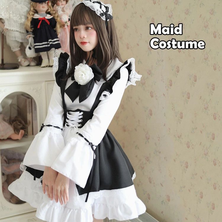 樂天商城 - メイド服 姫袖 ワンピース エプロン カチューシャ レース メイド レディース ワンピ かわいい コスプレ